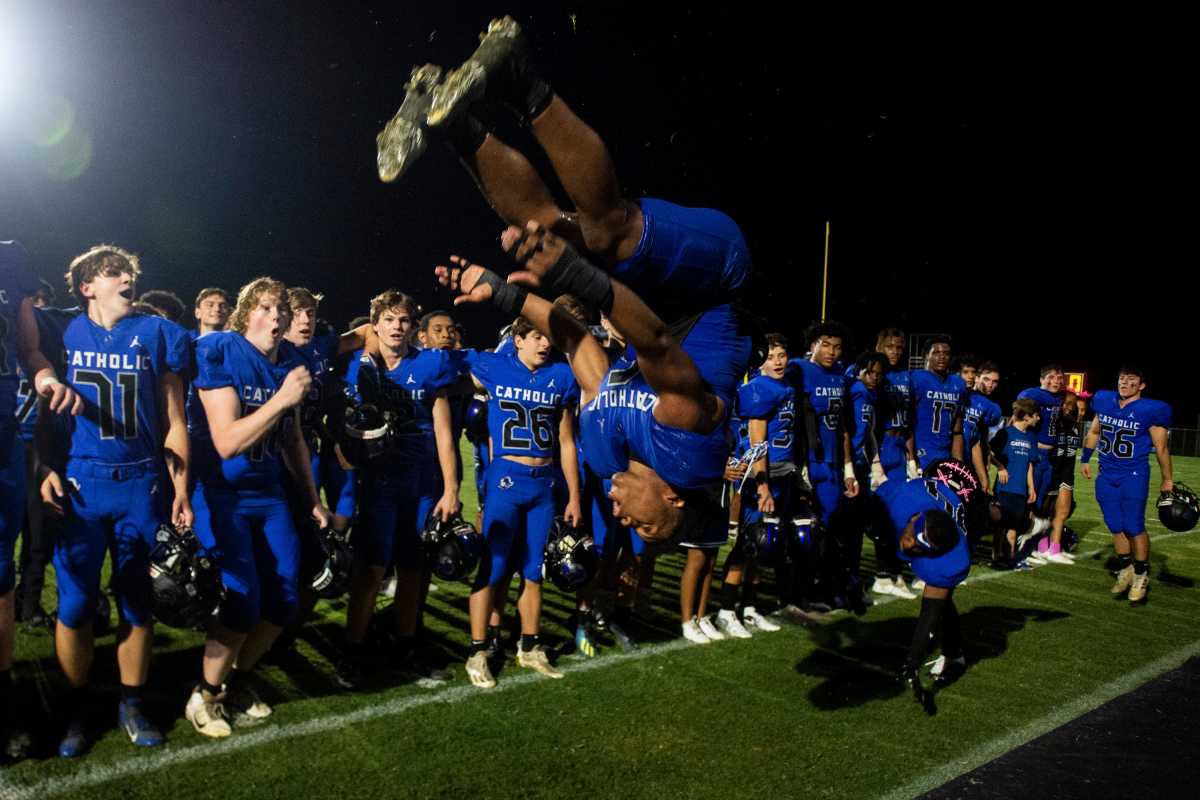 TJ Dudley is a very talented athlete, as seen here while he's doing a back flip in full pads